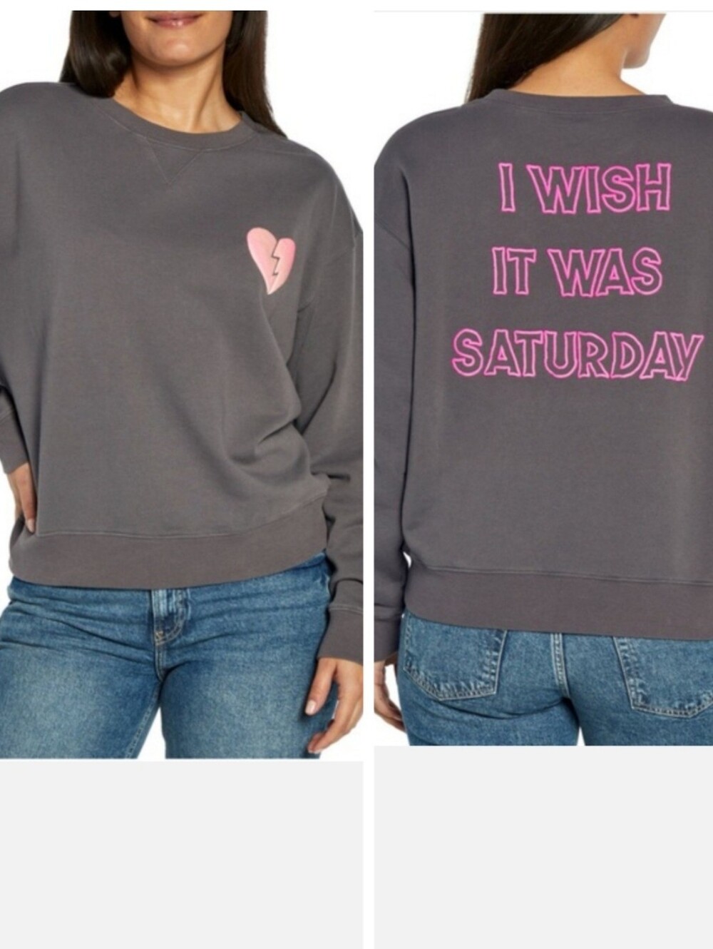 Wildfox I Wish It Was Saturday Novelty Cotton Sweatshirt Sz Med Gray Pink